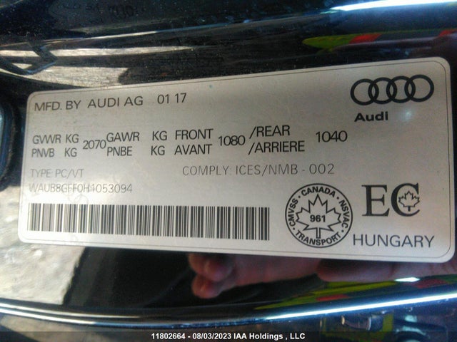 WAUB8GFF0H1053094 Audi A3 PREMIUM