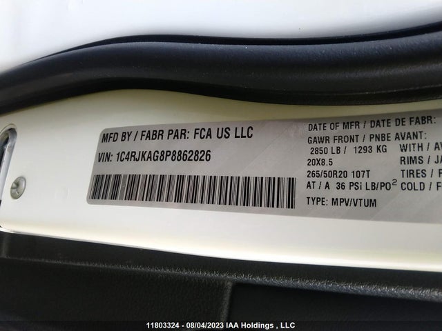 1C4RJKAG8P8862826 Jeep Grand Cherokee L Altitude