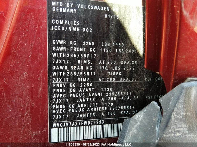 WVGJV7AX7FW076293 Volkswagen Tiguan S/se/sel/r-line
