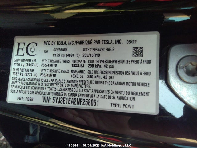 5YJ3E1EA2NF258051 Tesla MODEL 3