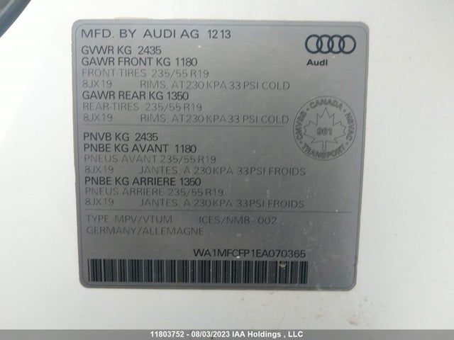 WA1MFCFP1EA070365 Audi Q5 2.0l Progressiv