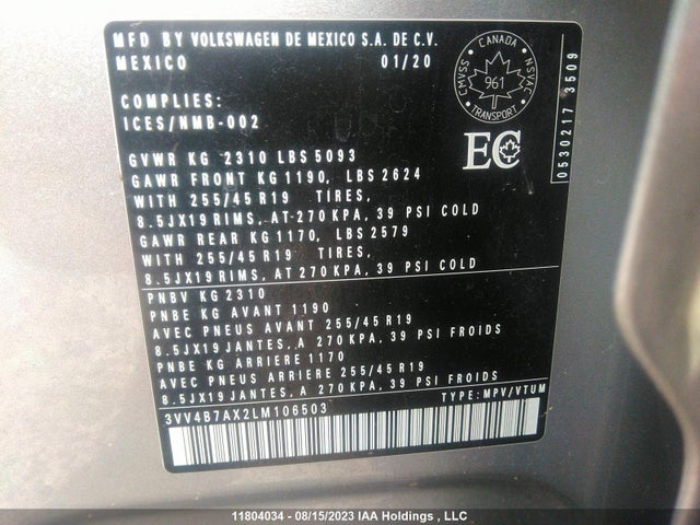 3VV4B7AX2LM106503 Volkswagen Tiguan Highline