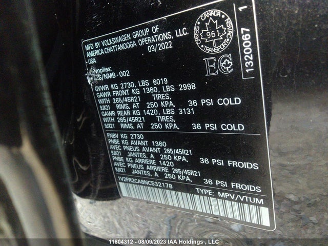1V2FR2CA8NC532178 Volkswagen Atlas Execline