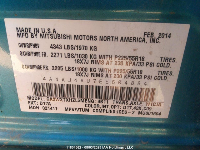 4A4AJ4AU7EE604884 Mitsubishi Rvr Gt