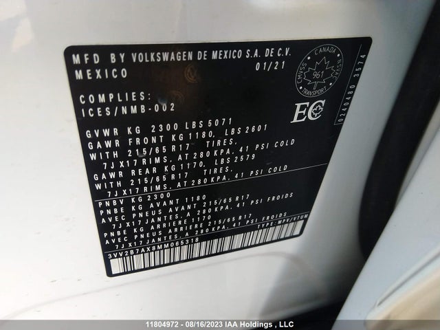 3VV2B7AX8MM065318 Volkswagen Tiguan Comfortline/united