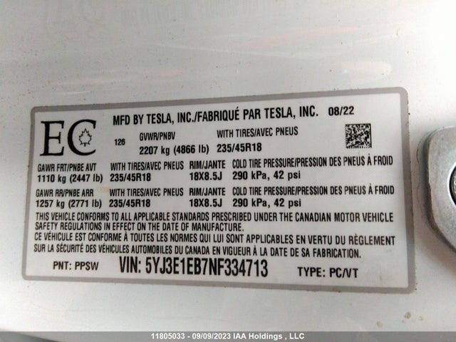 Tesla Model 3 Long Range 2022 5YJ3E1EB7NF334713 Image 9