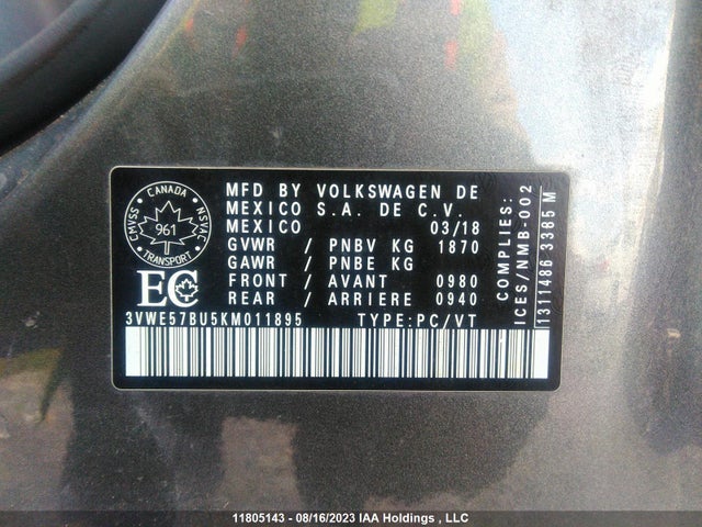 3VWE57BU5KM011895 Volkswagen Jetta Highline