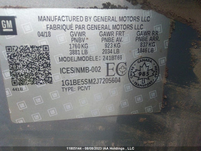 Chevrolet CRUZE LT 2018 1G1BE5SM2J7205604 Image 9