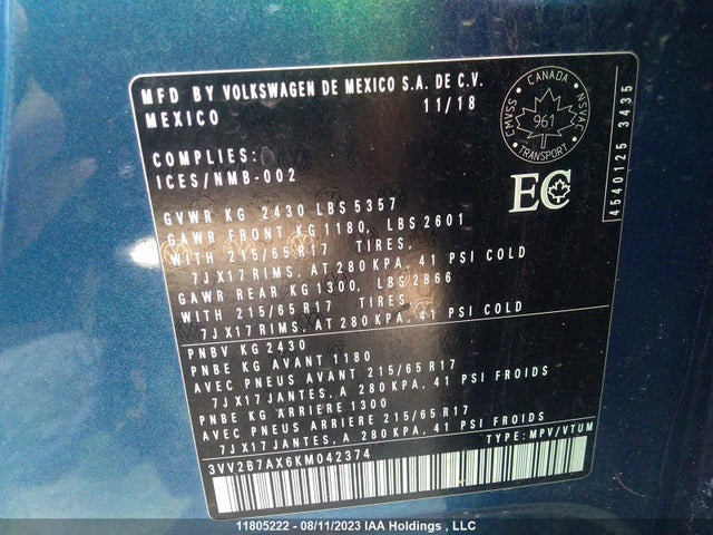 3VV2B7AX6KM042374 Volkswagen Tiguan Comfortline