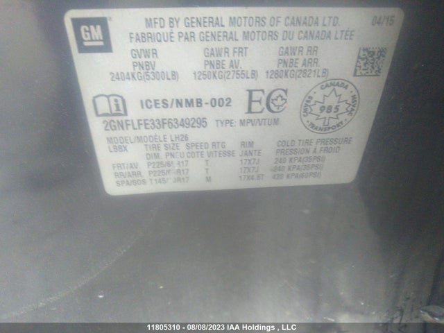 Chevrolet EQUINOX LT 2015 2GNFLFE33F6349295 Image 9