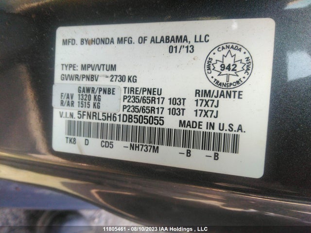 Продажа на аукционе авто 2013 Honda Odyssey Ex-l, vin: 5FNRL5H61DB505055, номер лота: 11805461