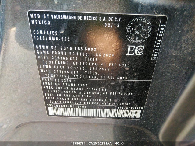 3VV2B7AX2JM116405 Volkswagen Tiguan Se/sel