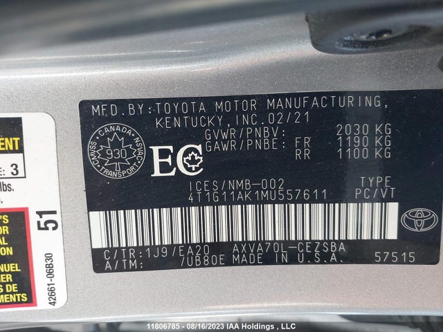 Toyota CAMRY 2021 4T1G11AK1MU557611 Image 9