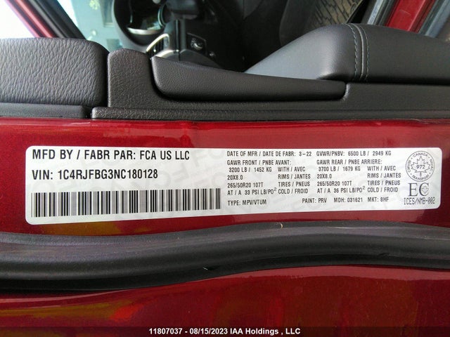 1C4RJFBG3NC180128 Jeep Grand Cherokee Wk Limited