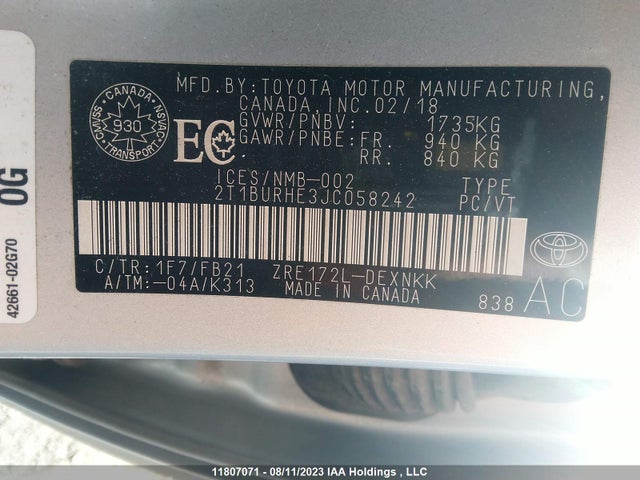 Toyota Corolla Ce/se/le 2018 2T1BURHE3JC058242 Image 9