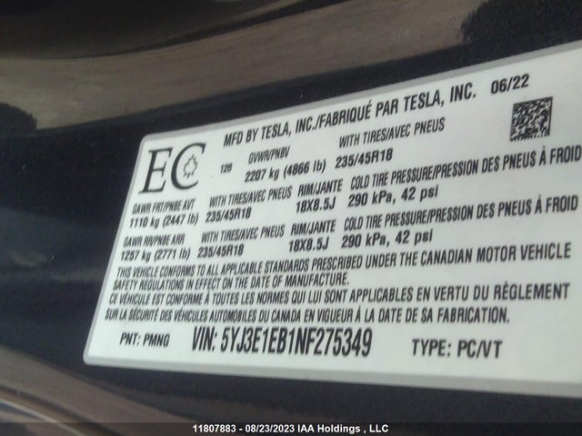 5YJ3E1EB1NF275349 Tesla Model 3 Long Range