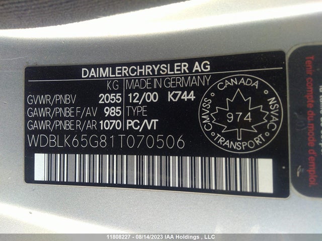 Продажа на аукционе авто 2001 Mercedes-benz Clk-class 3.2l, vin: WDBLK65G81T070506, номер лота: 11808227