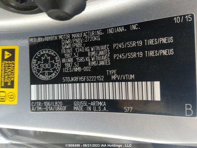 Toyota Highlander Xle 2015 5TDJKRFH5FS222152 Image 9