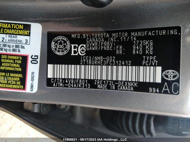 Toyota COROLLA CE/S/LE 2015 2T1BURHE3FC312412 Image 9