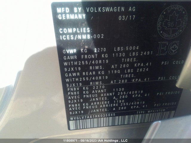 WVGLV7AX1HK035645 Volkswagen Tiguan Highline
