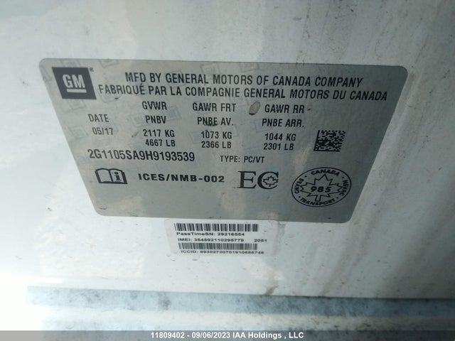 Chevrolet IMPALA LT 2017 2G1105SA9H9193539 Image 9