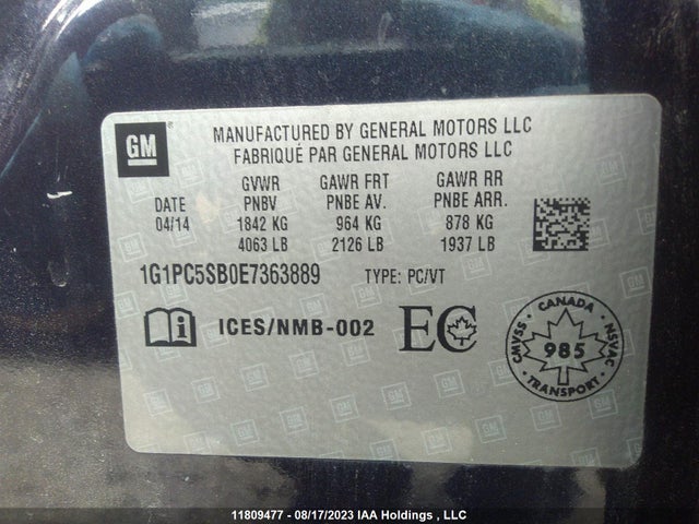 Chevrolet Cruze 1lt 2014 1G1PC5SB0E7363889 Image 9
