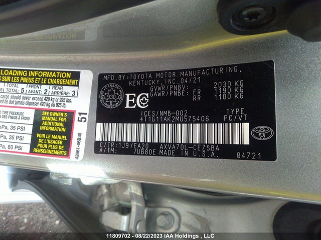 Toyota CAMRY SE 2021 4T1G11AK2MU575406 Image 9