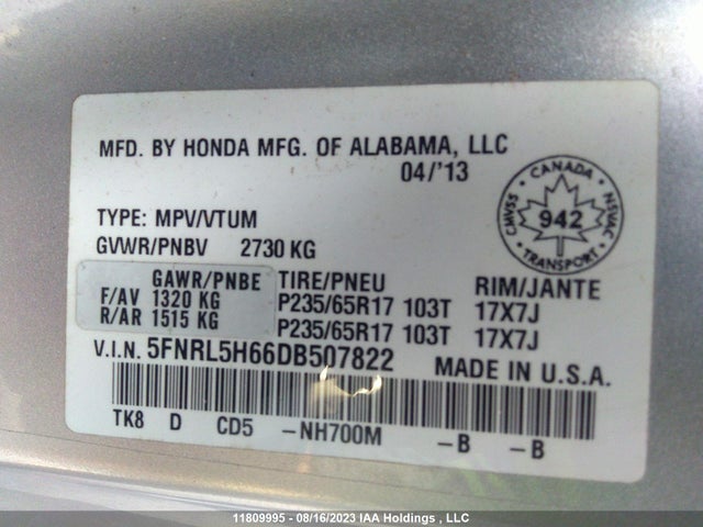 2013 Honda Odyssey Ex-l მანქანა იყიდება აუქციონზე, vin: 5FNRL5H66DB507822, აუქციონის ნომერი: 11809995