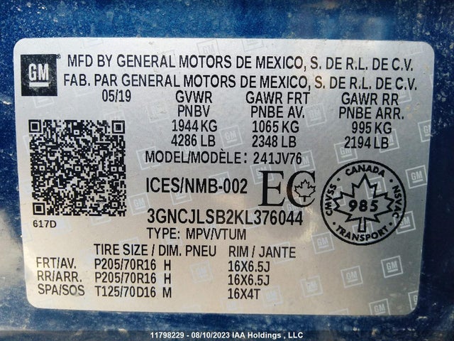 Chevrolet TRAX 1LT 2019 3GNCJLSB2KL376044 Image 11