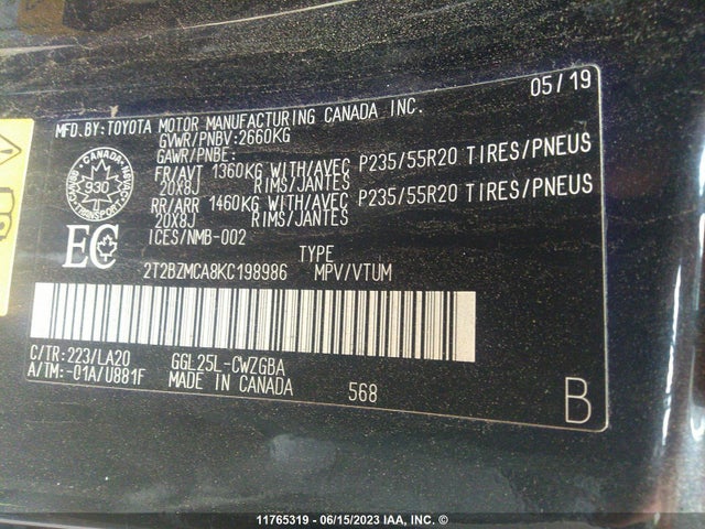2T2BZMCA8KC198986 Lexus Rx 350 Base/350 F-sport
