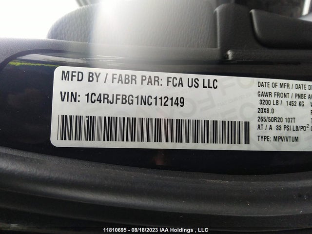 1C4RJFBG1NC112149 Jeep Grand Cherokee Wk Limited