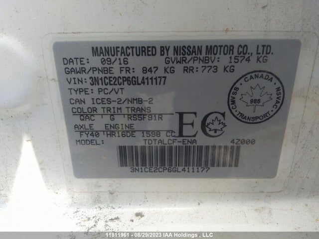 Nissan Versa Note S/sv/sl/sr 2016 3N1CE2CP6GL411177 Image 9