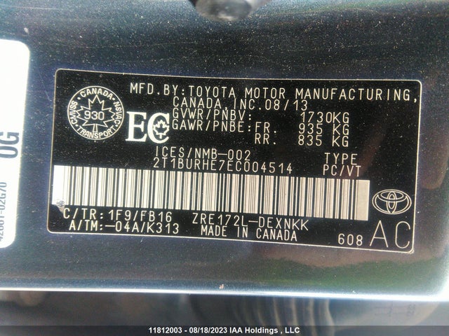 Toyota COROLLA CE/S/LE 2014 2T1BURHE7EC004514 Image 9