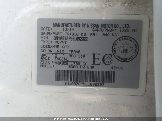 2014 Nissan Sentra S/sv/sr/sl მანქანა იყიდება აუქციონზე, vin: 3N1AB7AP5EL692322, აუქციონის ნომერი: 11812110