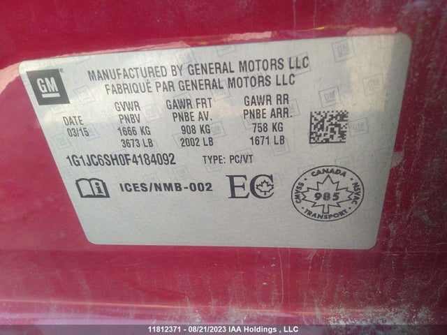 Chevrolet SONIC LT 2015 1G1JC6SH0F4184092 Image 9