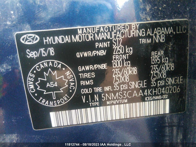 Hyundai Santa Fe Luxury 2019 5NMS3CAA4KH040206 Image 9