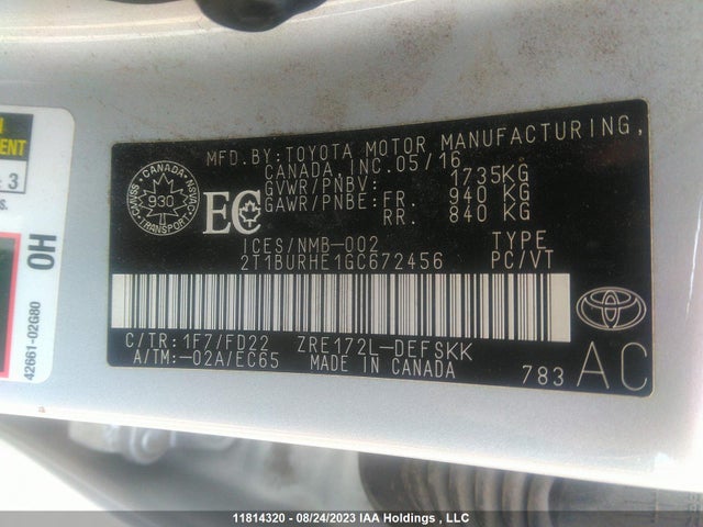 Toyota COROLLA CE/S/LE 2016 2T1BURHE1GC672456 Image 9