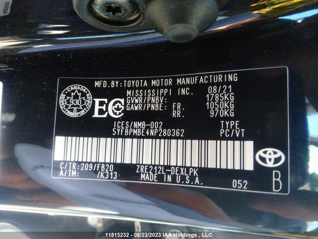 Продажа на аукционе авто 2022 Toyota Corolla L/le/xle, vin: 5YFBPMBE4NP280362, номер лота: 11815232