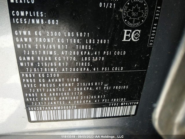 3VV2B7AX4MM066529 Volkswagen Tiguan Comfortline/united