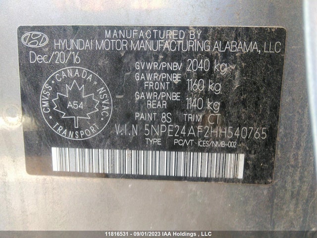Hyundai Sonata 2.4l Gl 2017 5NPE24AF2HH540765 Image 9