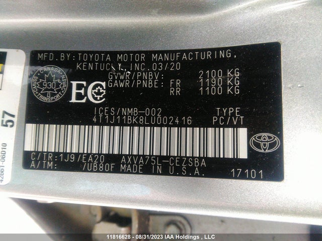 Toyota CAMRY SE 2020 4T1J11BK8LU002416 Image 9