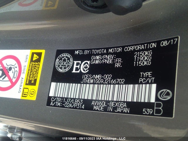 JTHBW1GG9J2166702 Lexus Es Es 300h