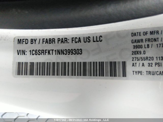 1C6SRFKT1NN399303 RAM 1500 Limited Longhorn