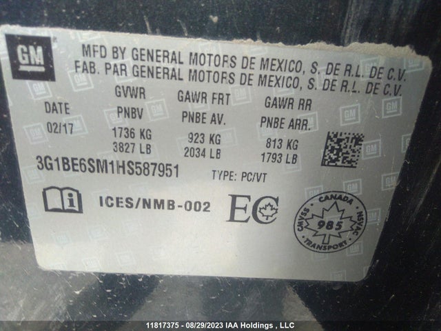 Chevrolet CRUZE LT 2017 3G1BE6SM1HS587951 Image 9