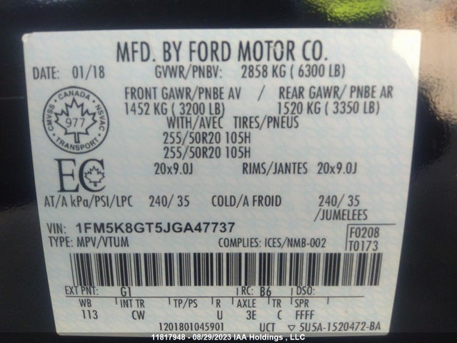 1FM5K8GT5JGA47737 Ford EXPLORER SPORT