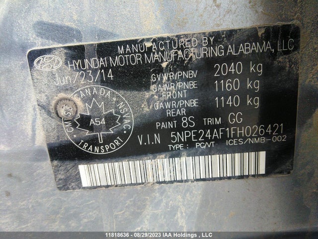 Hyundai Sonata 2.4l Gl 2015 5NPE24AF1FH026421 Image 10