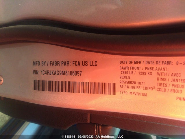 1C4RJKAG9M8166097 Jeep Grand Cherokee L Altitude