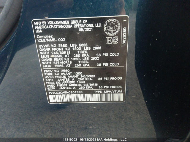 1V2LC2CA5NC201398 Volkswagen ATLAS