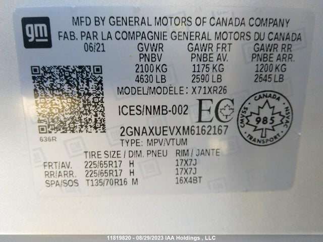 Chevrolet EQUINOX LT 2021 2GNAXUEVXM6162167 Image 9