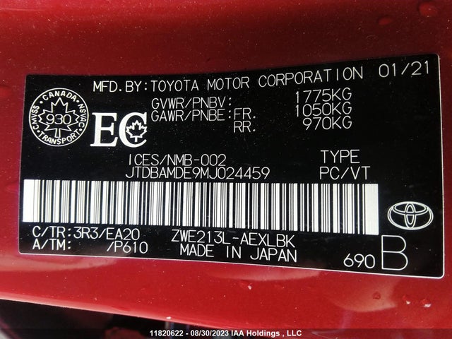 Toyota Corolla Hybrid 2021 JTDBAMDE9MJ024459 Image 9